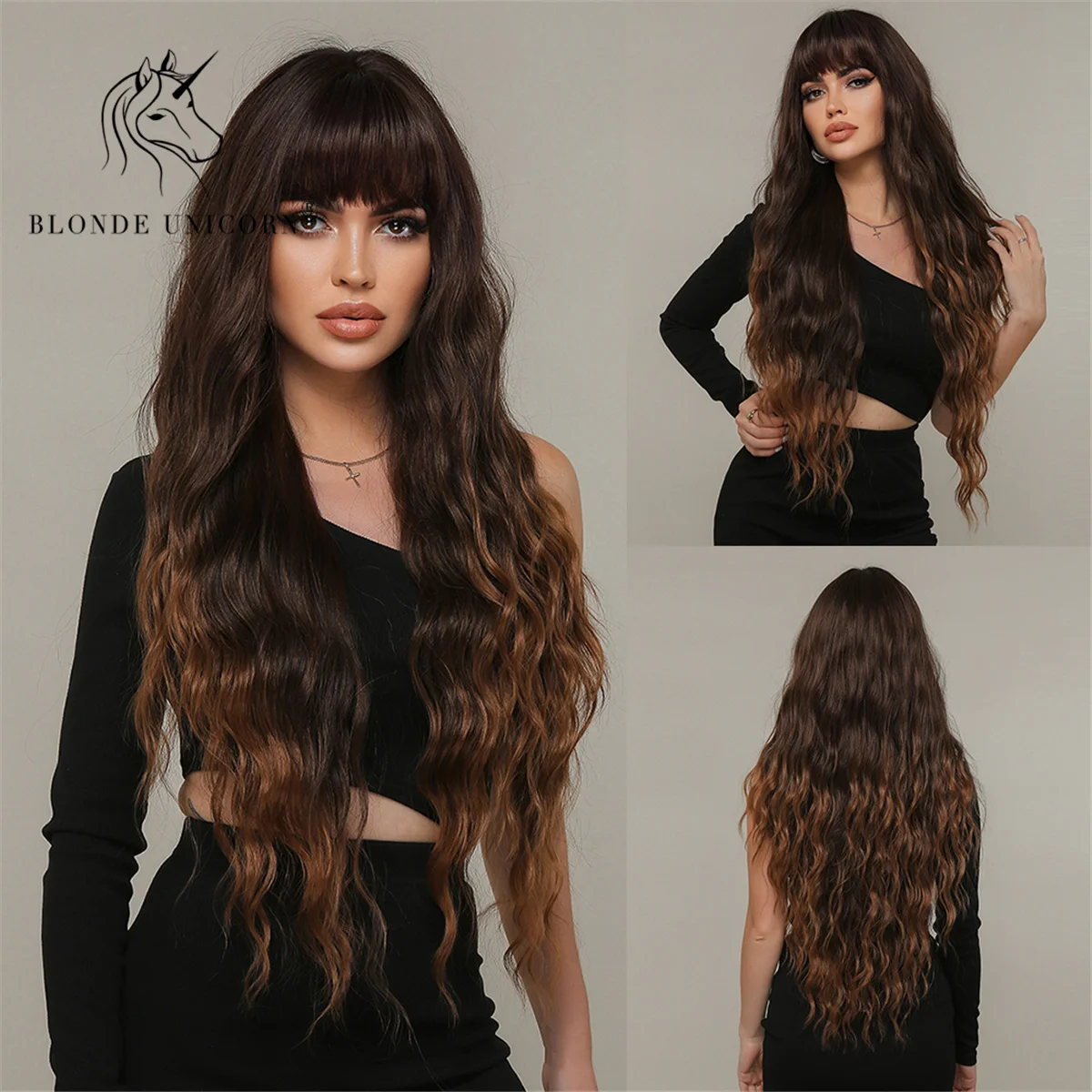 

BLONDE UNICORN Ombre Honey Brown Highlight Synthetic Long Wavy Wigs with Bangs for Women Cosplay Daily Use Hair Heat Resistant