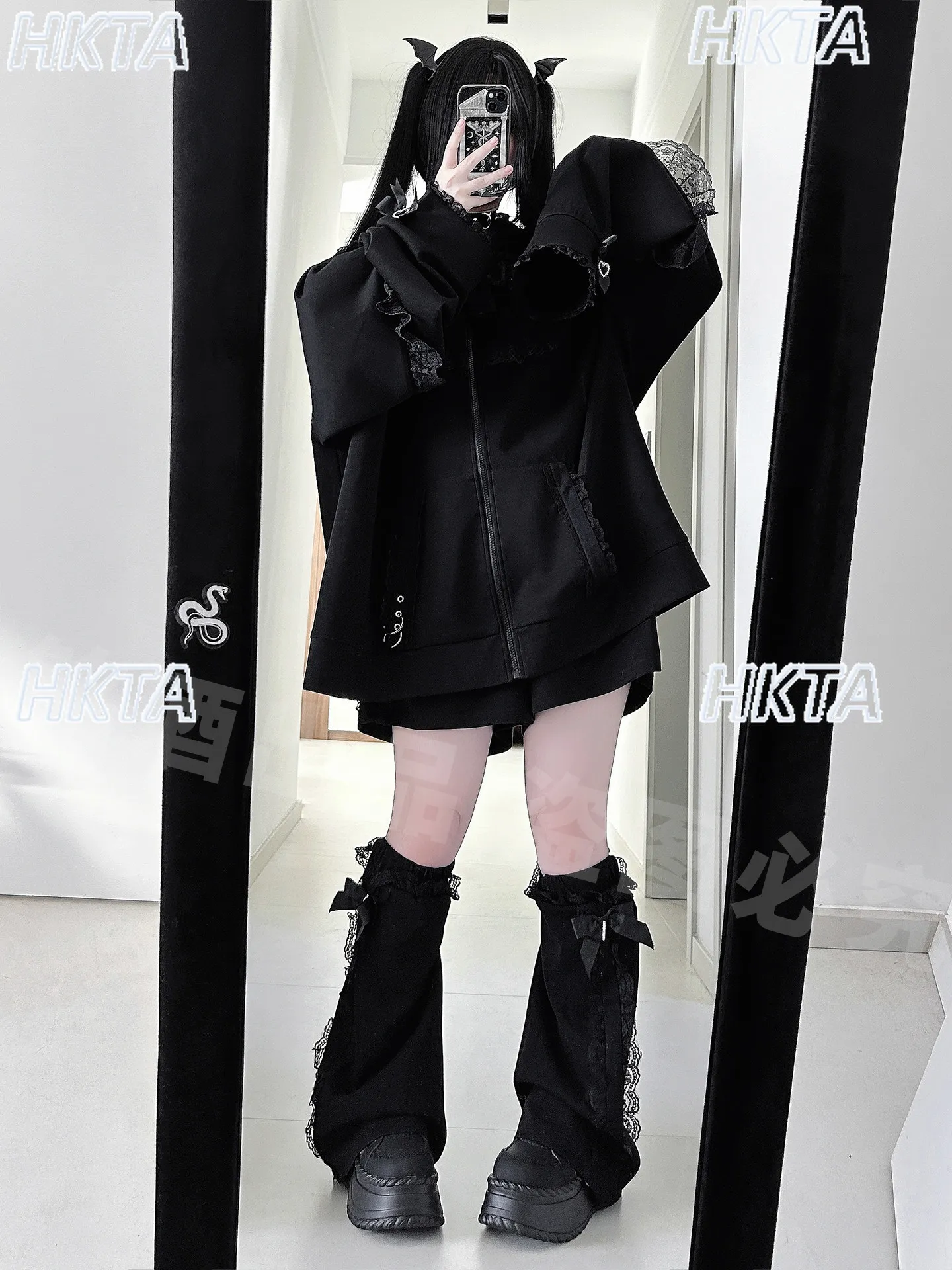 Y2K Subculture Dark Punk Goth Winter Cute Bow Zipper Loose Hooded Sweatshirt Jackets Top Hoodies Lace Black Shorts Sets Women