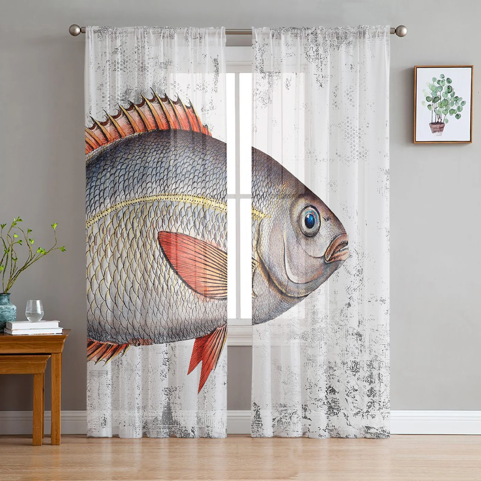 Vintage Mottled Oil Painting Fish Sheer Curtains Living Room Window Tulle Curtains Bedroom Veiling Curtains Decor Luxury Drapes