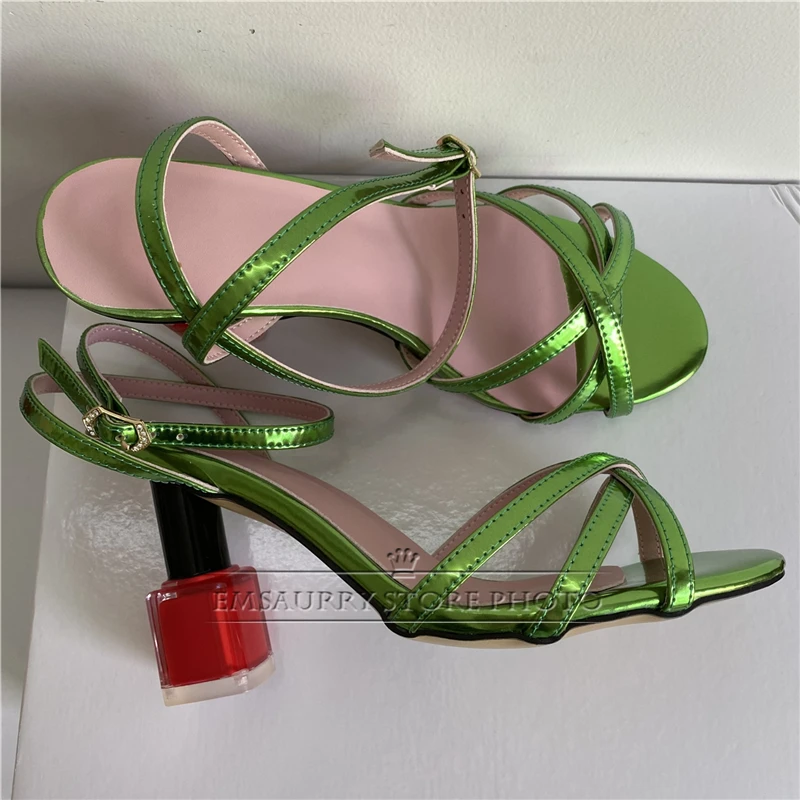 Unique Nail-Polish Strange Heel Sandals Women Sexy Cross Narrow Band Ankle Strap Patent Leather Open Toe Party Shoes Summer