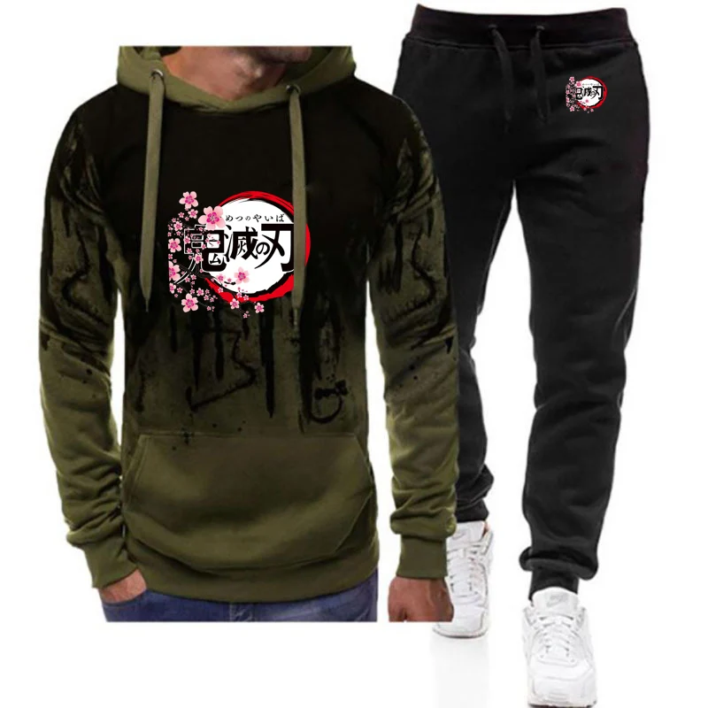

2025 Spring And Autumn Men's Anime Demon Slayer Logo Print Daily Commuting Simple Comfortable Hoodies+Pants Sports Suits