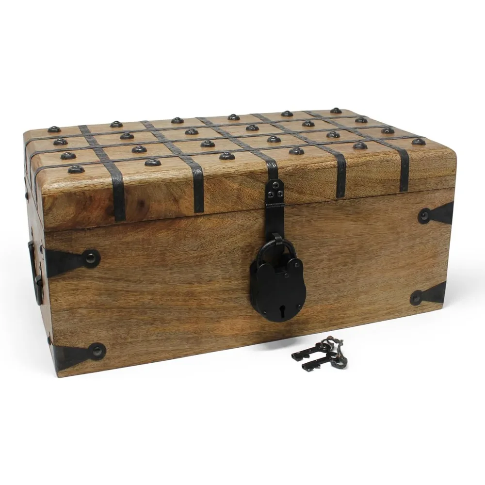 

Storage Box, Oversized 17 X 10 X 7.5 Nautical Bay Treasure Box with Antique Iron Lock and Skeleton Key Wooden Box Storage Box