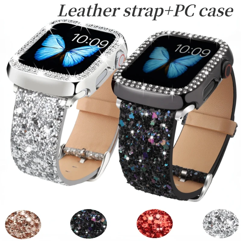 Leather Strap+PC Case for Apple Watch Ultra 49mm 9 8 7 6 5 4 SE Fashion Shiny Fragments Bracelet Band 45mm 44mm 42mm 41mm 38mm