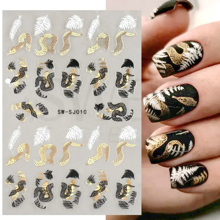 3D Laser Black Gold Snake Nail Sticker Leaf Abstract Face Graffiti Tattoo Manicure Decoration Self Adhesive Nail Sliders BESW-SJ