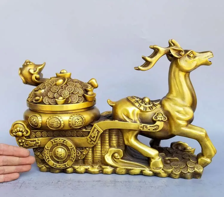 40CM LARGE # HOME Shop lobby decoration Good luck Propitious Rangifer tarandus Money Drawing FENG SHUI brass Sculpture Statue