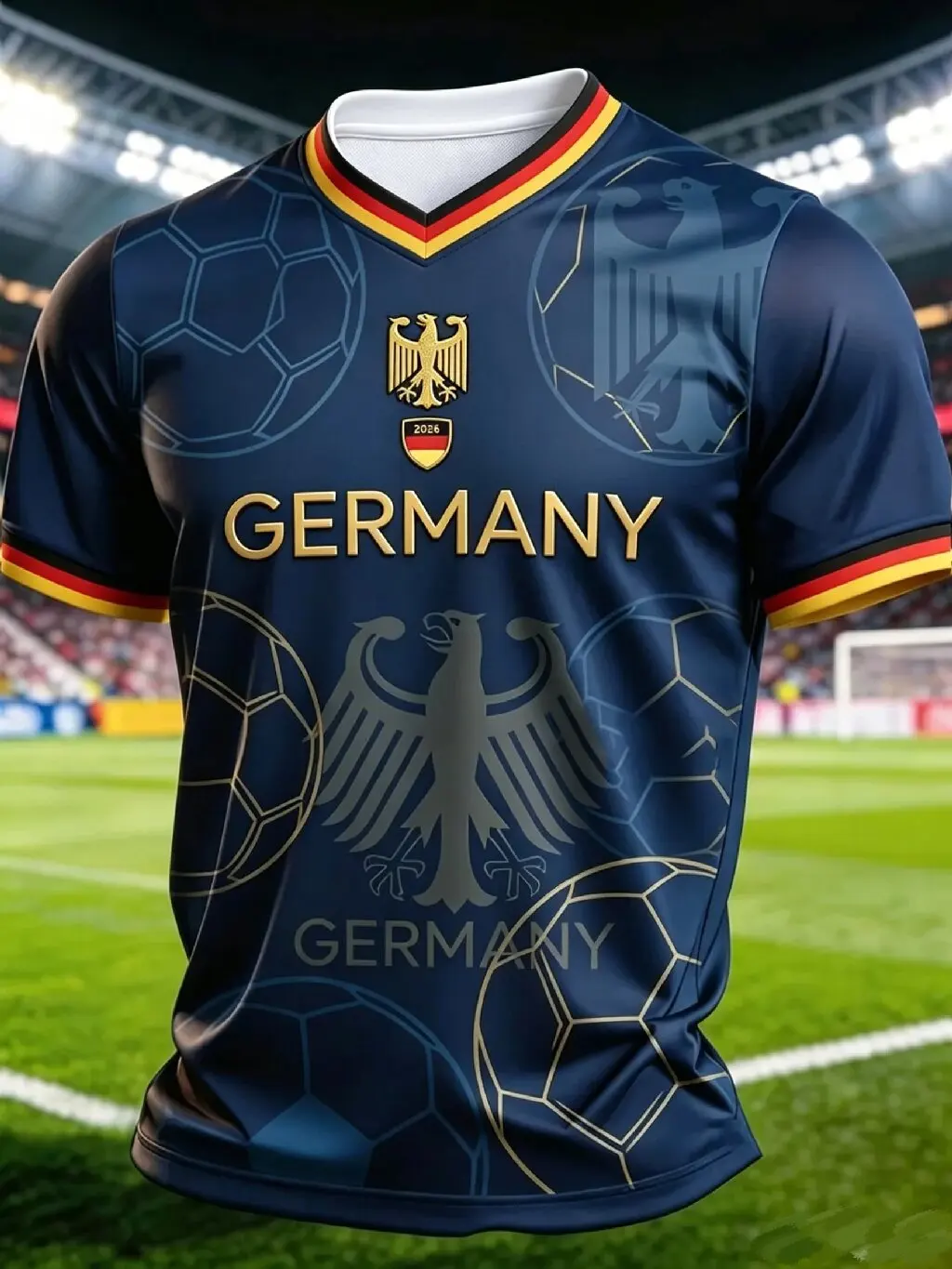 Euro Eagle Pattern 3D Print Soccer Fan Jersey Unisex Black Red Gold Trim Short Sleeve Vintage Football Graphic Casual Sports Tee