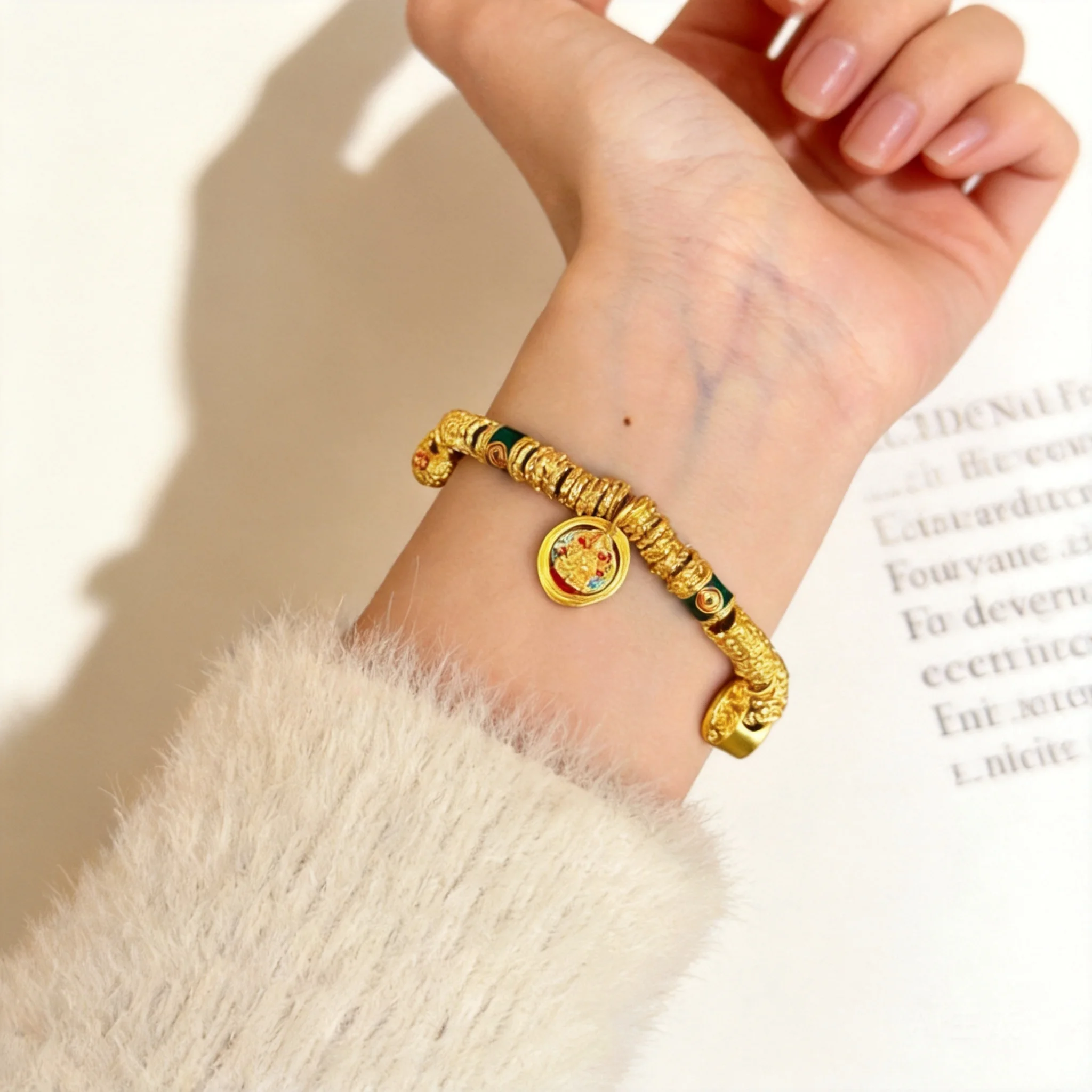 24k Gold Plated Chinese Style Yellow God Of Wealth Enamel Lucky Bracelet Long Lasting Color Retention Adjustable Fortune Good