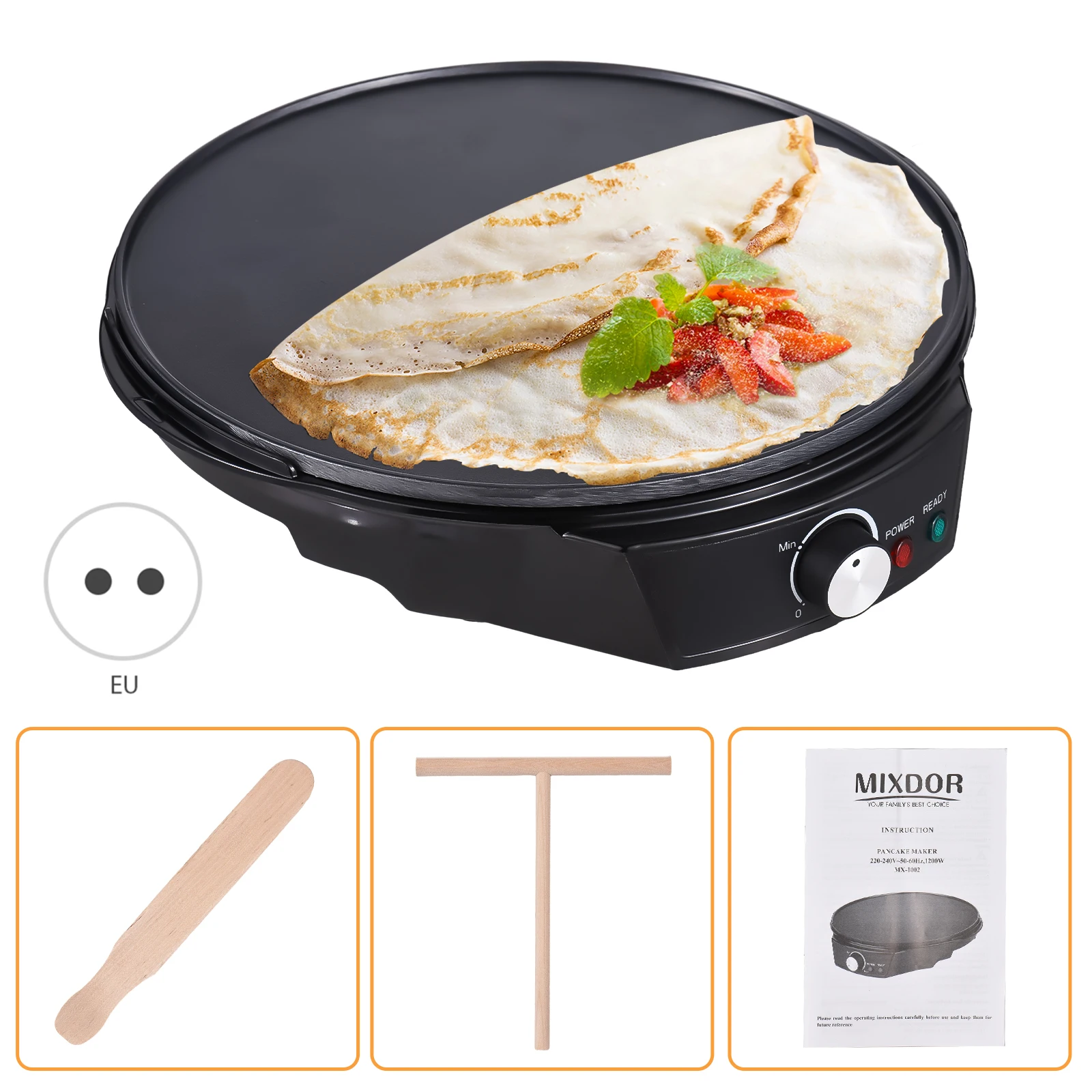 11 Inches Electric Crepe Maker 1200W 50-210 Celsius Degree Temperature Control Non-stick Pancake Griddle Wooden Spatula