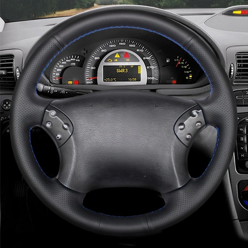 Hand-stitched Steering Wheel Cover Black Artificial Leather Car Steering Wheel Cover for Mercedes Benz W203 C-Class 2001-2007