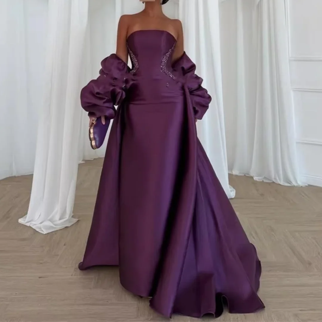 

Charming Beading Floor Length Party Dress Exquisite Strapless Women Prom Dress Elegant Half Sleeve Women Evening Gown Customized