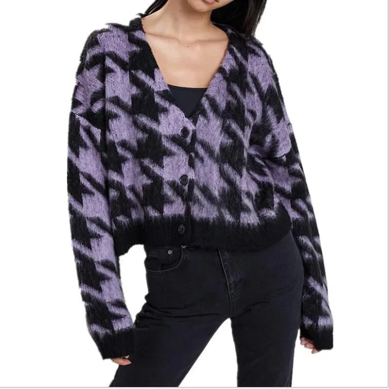 Goth Dark Gothic Loose Houndstooth E-girl Cardigans Punk Fashion Color Blocking Long Sleeve Sweaters Winter Streetwear Jumpers