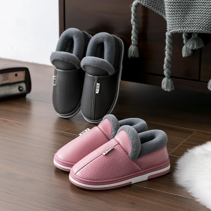 Women Men's PU Leather Slippers Indoor Waterproof Home Furry Male Couple Flat Female Couples Winter Slides Non Slip Shoes