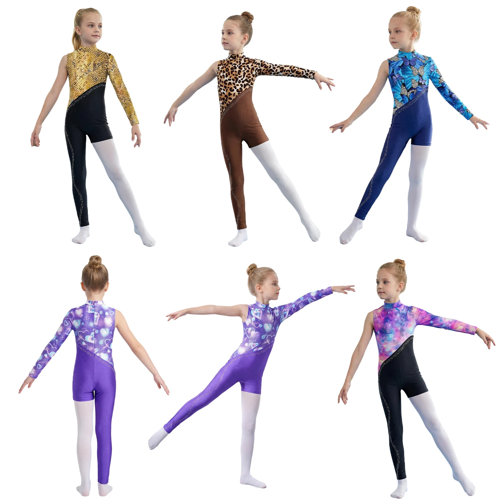 Teen Girls Shiny Rhinestone Zipper Print Gymnastics Leotard Figure Skating Ballet Dance Acrobatics Yoga Sports Workout Jumpsuit