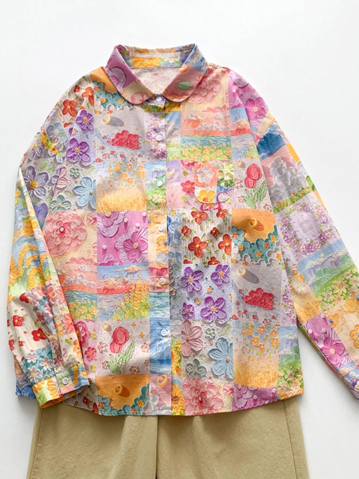 Retro pintura al óleo estampado Collar irt mujer primavera otoño Faion talla grande grasa MM Sli capa Base irt