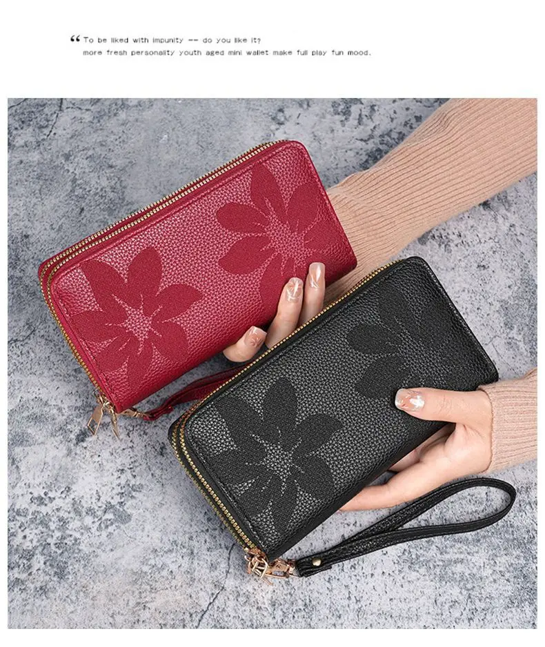 Neue Doppel-reißverschluss Große Kapazität Lange Brieftasche für Frauen Mode Multi-schicht Telefon Münze Karte Geldbörse Floral Geprägte PU leder – Detail 11