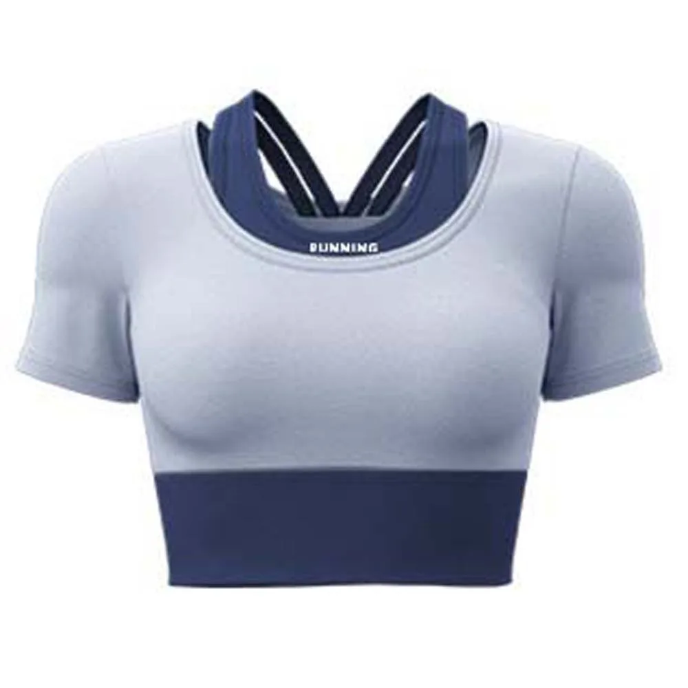 

Combined in One Sports Top with Bra Breathable Tight Yoga T-shirt Thickened Fake Two-piece Plus Size Short Top Outdoor