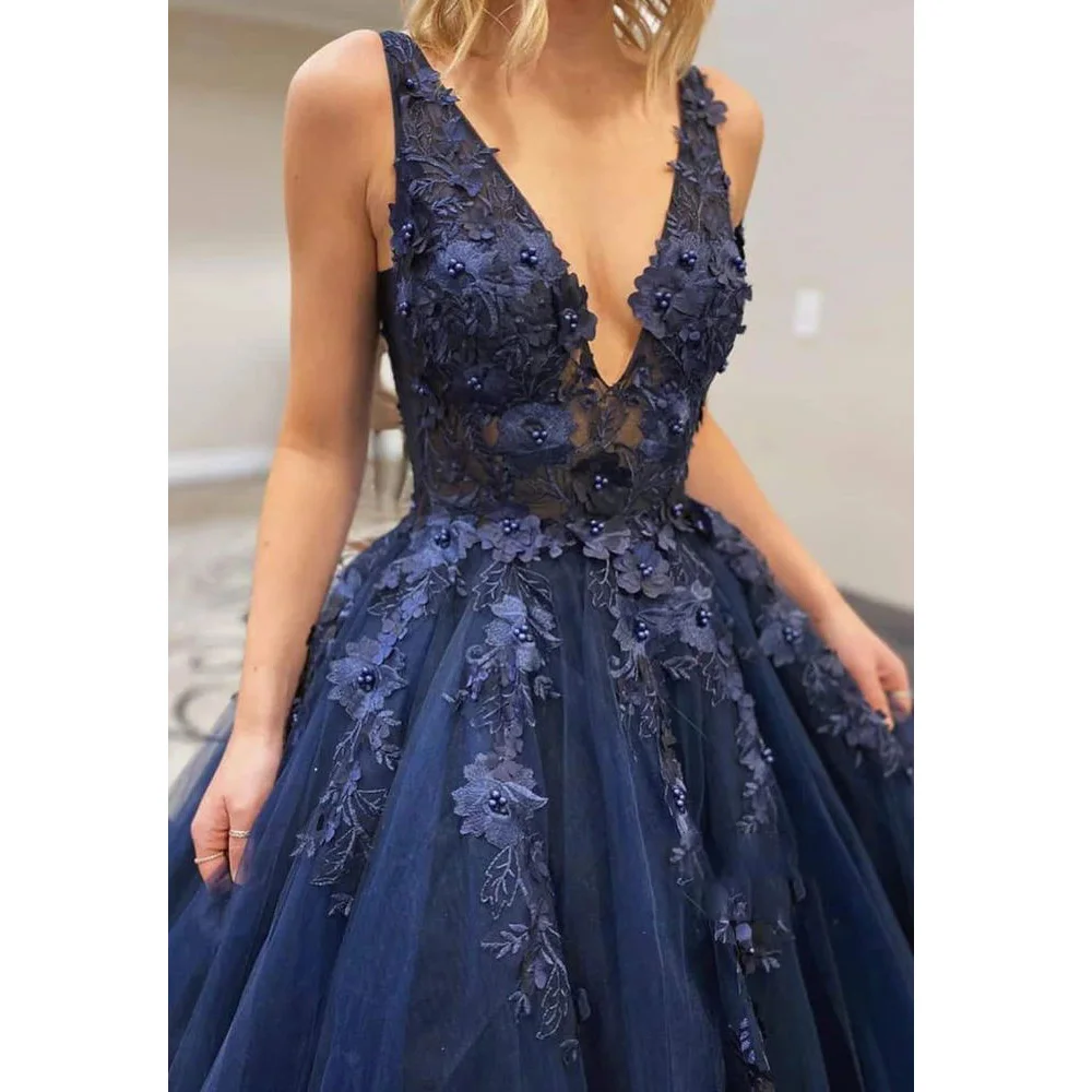 Bepeithy personalizado azul marinho vestido de baile 2023 uma linha rendas apliques corpete vestidos de noite longo profundo decote em v sexy vestidos de festa