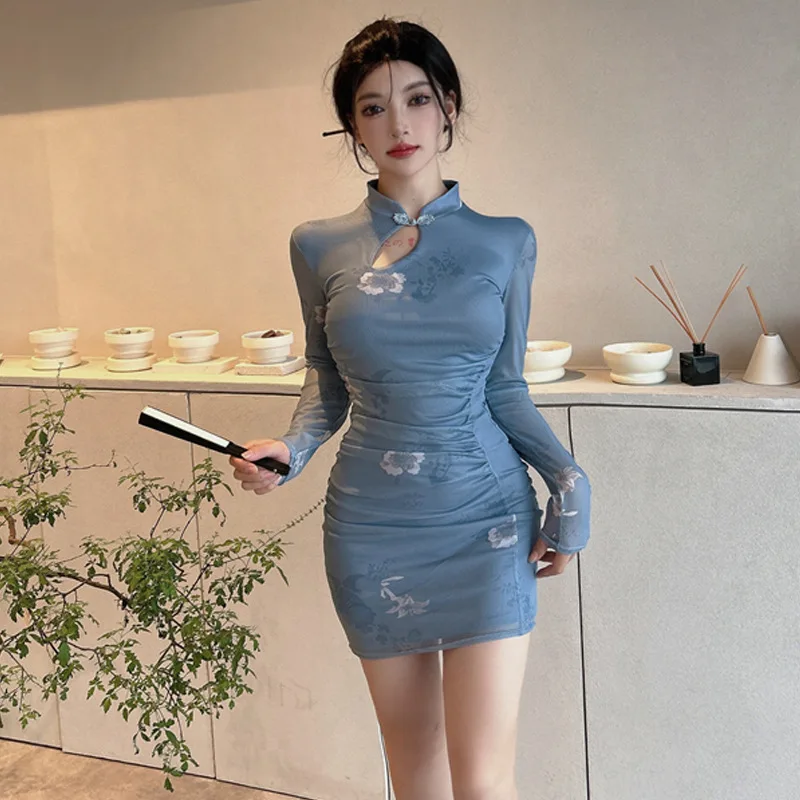 Long Sleeve Cheongsam Print Bamboo Leaf Qipao Sexy Slim Chinese Style Dress Gown Short Improved Vestidos Female Elegant Qipao