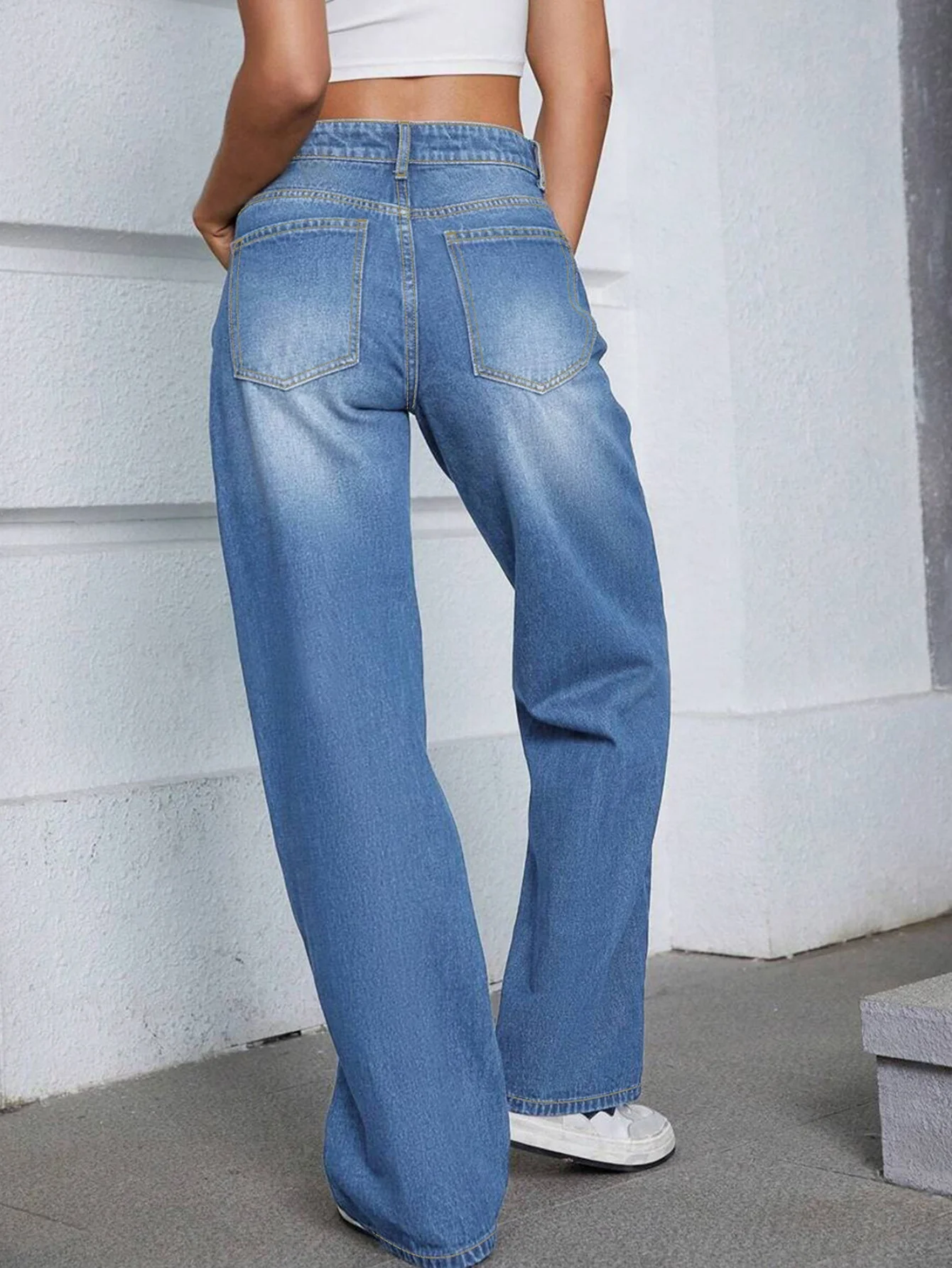 Women's light blue straight jeans loose elastic narrow version wide leg pants casual straight hip hop style women's clothing
