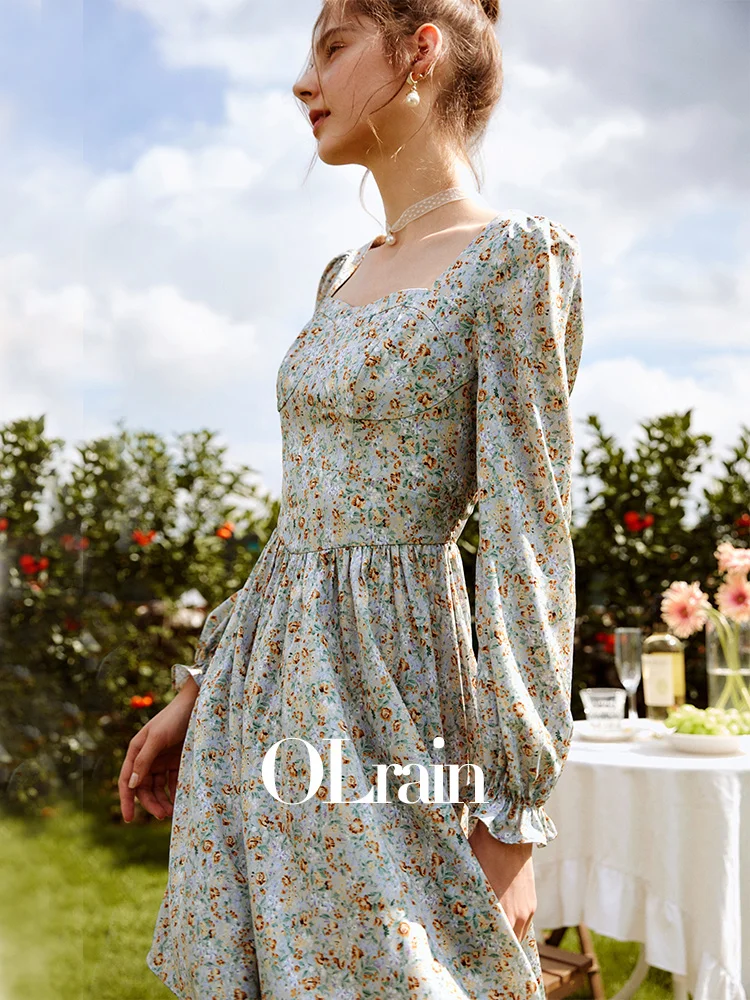 OLrain الخريف فساتين مُزينة بنقشة الزهور المرأة 2025 جديد الخصر رقيقة ساحة طوق فستان أنيق تصميم متوسط ميدي فستان الإناث O21QL53899