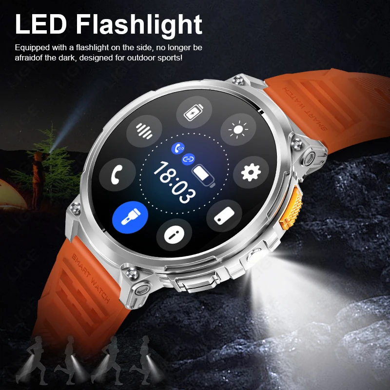 LIGE Smart Watch Men LED Flashlight Bluetooth Call Sport Fitness Health Heart Rate Monitor 730mAh Large Battery Smartwatch 2024