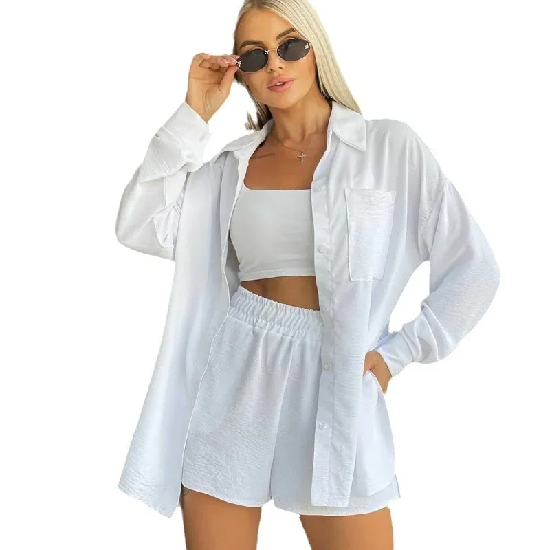 Matching Sets Single Breasted Long Sleeve Blouses Elastic Waist Shorts Casual Solid Cardigan Loose Fit 2024 Pockets Button