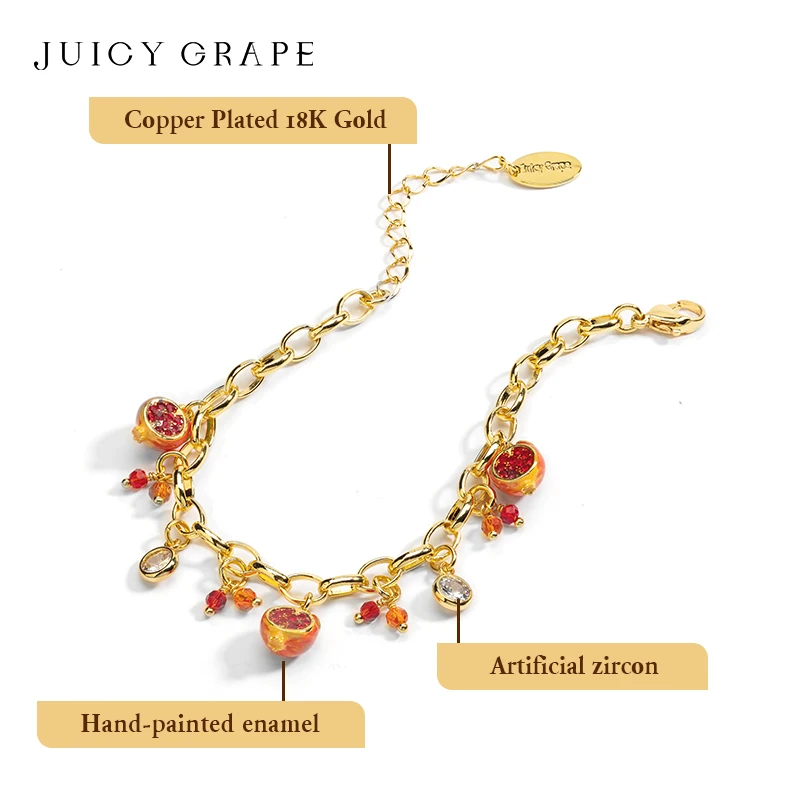 JuicyGrape Pomegranat Bracelet Fruit Pendant Bracelet Adjustable Bracelet Handmade Enamel Bracelet Plated with18K Real Gold Gift