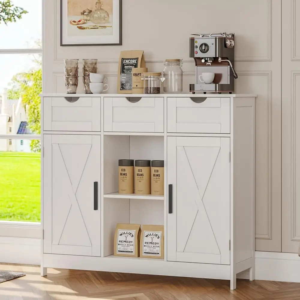 White 2-Door, 3-Drawer Coffee Bar Cabinet with Adjustable Shelves for Home Storage