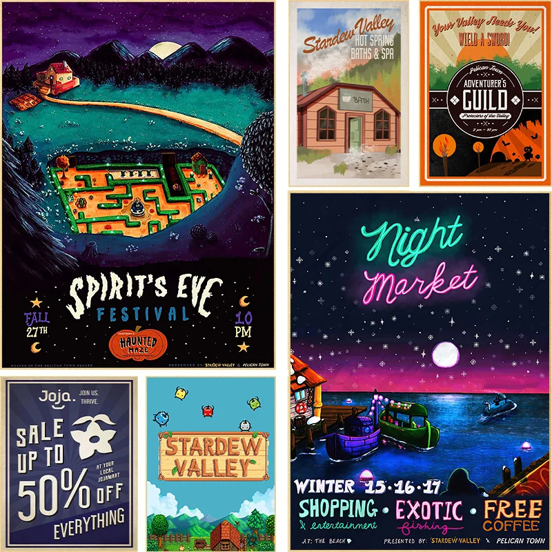 Game Stardew Valley Event Poster Canvas Painting Adventurers Guild Night Market Promotional Wall Art For Room Home Decoration