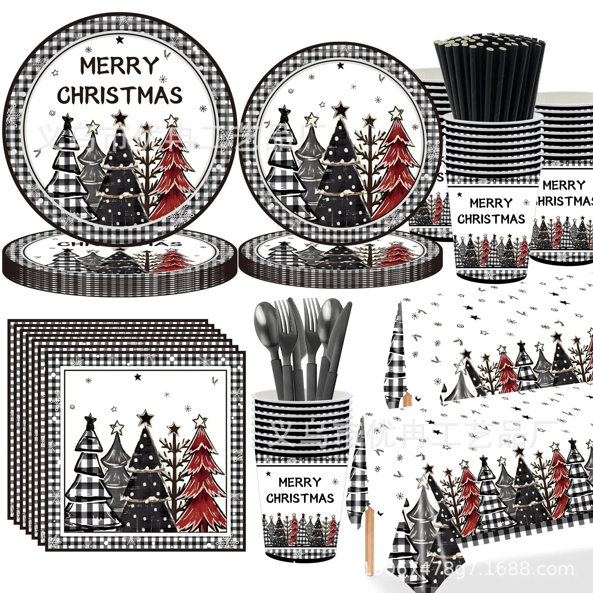 

Merry Christmas Party Disposable Tableware Black White Red Xmas Tree Paper Plates Napkins Cups Merry Christmas Party Supplies