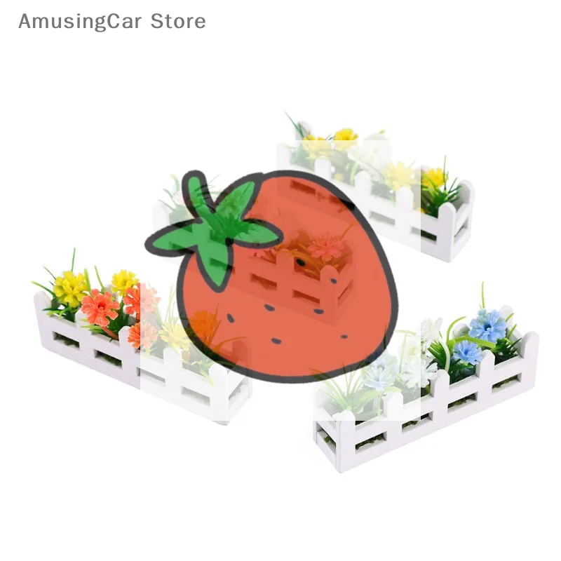 قطعة واحدة من نباتات مصغرة بوعاء مع سياج زهور للعب التظاهري، لعبة ديكور حديقة بيت الدمى بمقياس 1:12
