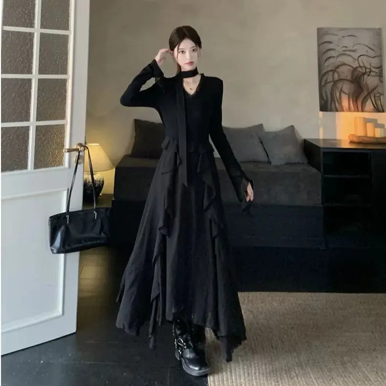 

Элегантные тонкие трикотажные платья с высокой талией, женское осенне-зимнее плотное теплое длинное платье с длинными рукавами, винтажное уличное платье с v-образным вырезом TS726