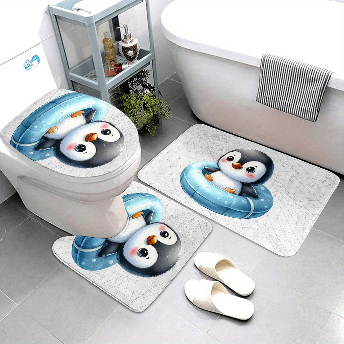 

3pcs Summer Penguin Bathroom Rug Set Non-Slip U-Shaped Mat and Toilet Lid Cover Cute Animal Theme Washable Indoor Floor Mats