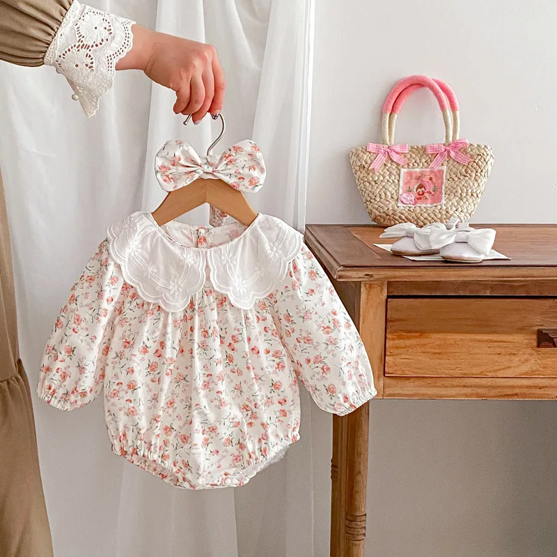 Spring 2024 Baby Girl Romper Korean Long Sleeve Sisters Floral Children Girls Dress Cotton Lace Loose Toddler Girls Outfits