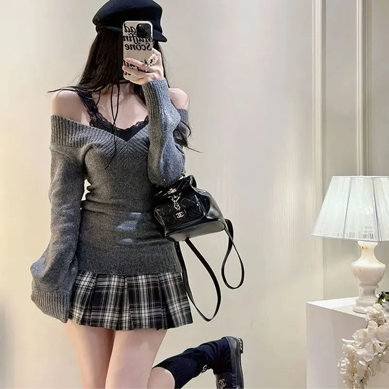 

Stylish Lace Spliced Vintage V-Neck Sweaters Women's Solid Color Autumn Winter Two Piece Set Slim Slash Neck Knitted Pullovers