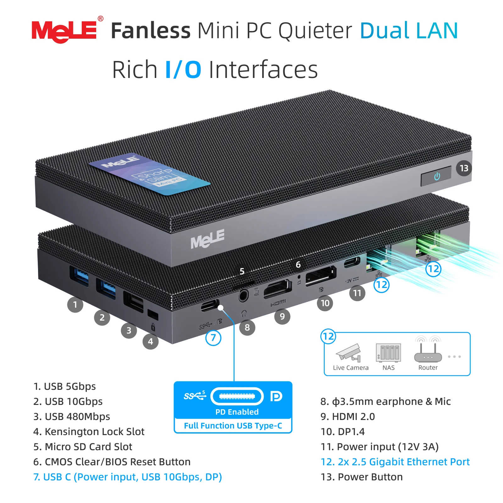 MeLE Fanless N100 Mini PC 2.5 Gigabit Ethernet Dual LAN,Full Function USB Type-C,Windows 11, Micro Desktop Computer QuieterDL