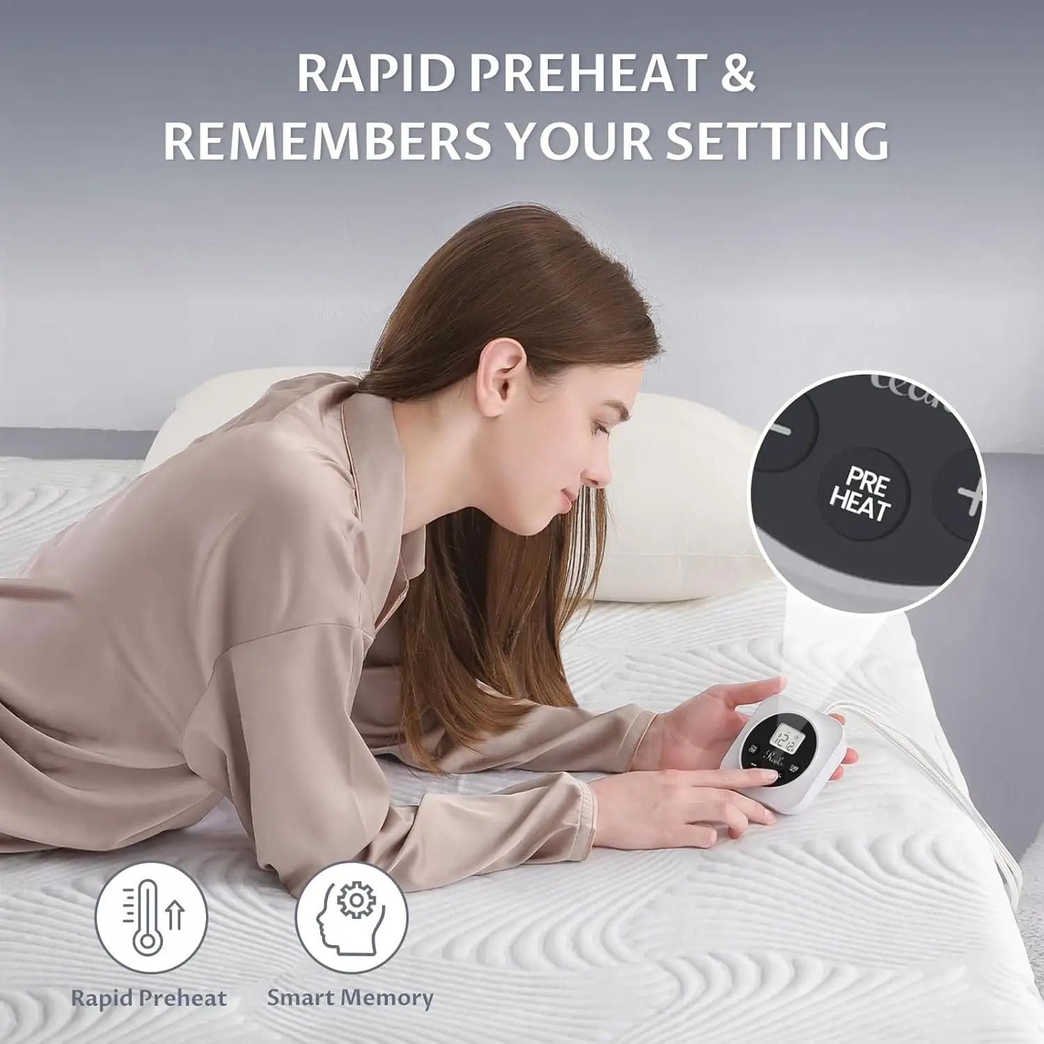 Queen Size Electric Heated Mattress Pad, Memory Preheat, 12 Heat Dual Control 1-12 Hours Auto Off