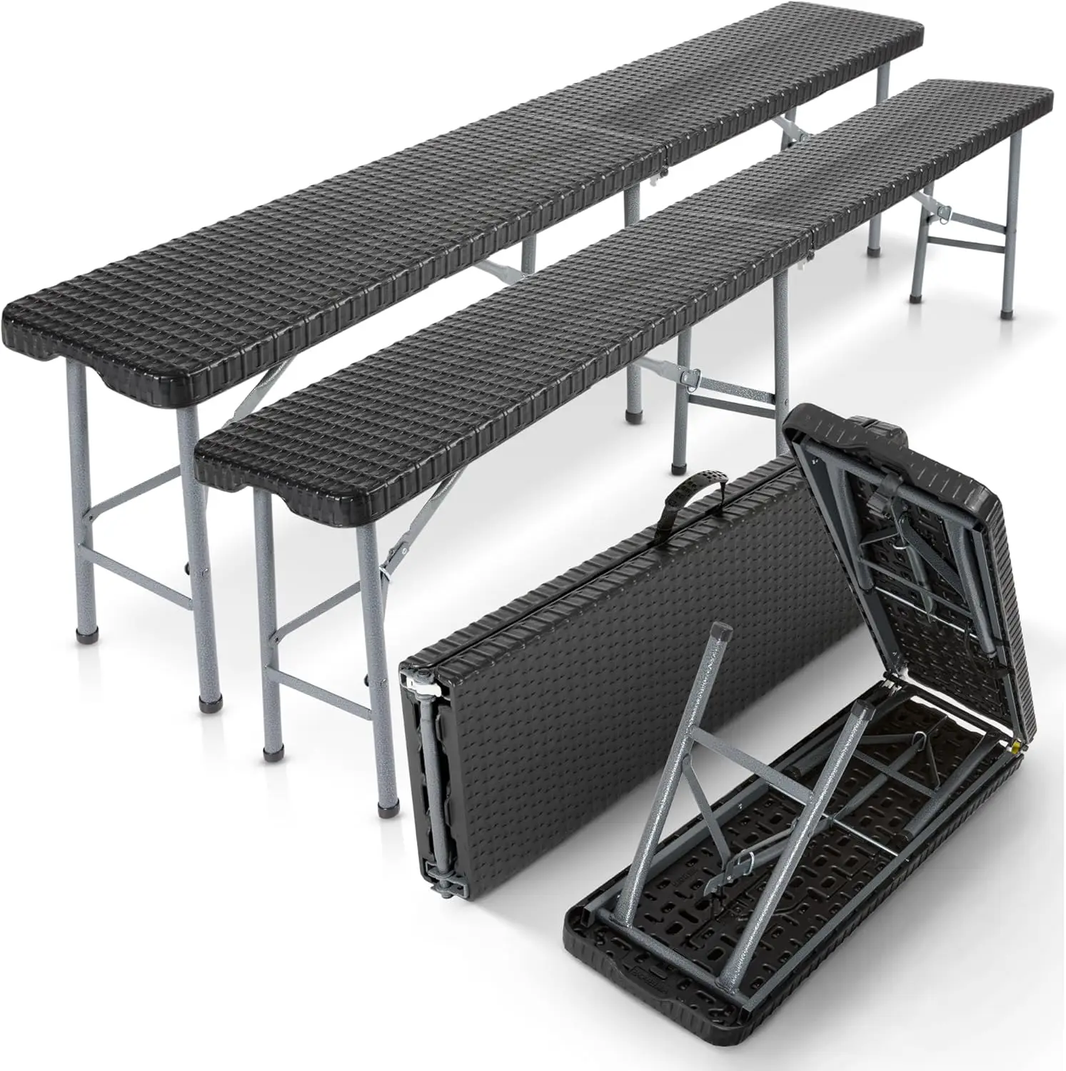 Banco plegable portátil, 183 cm, plegable por la mitad, asiento resistente a los rayos UV, estructura de acero, ligero, resistente a las manchas, tapas para los pies que no dejan marcas