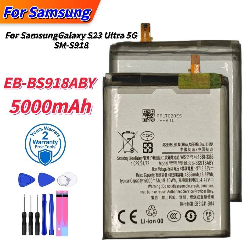 

New EB-BS918ABY 5000mAh Replacement Battery For Samsung Galaxy S23 Ultra S23Ultra SM-S918 5G Mobile Phone Batteries