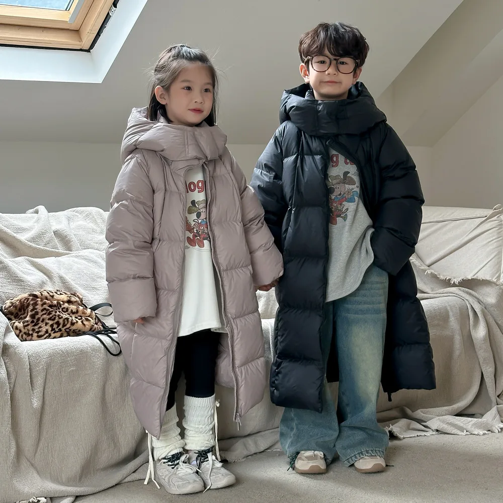 

Children's down jacket 2025 winter boys and girls Korean version solid color medium and long down jacket children's thickened ho