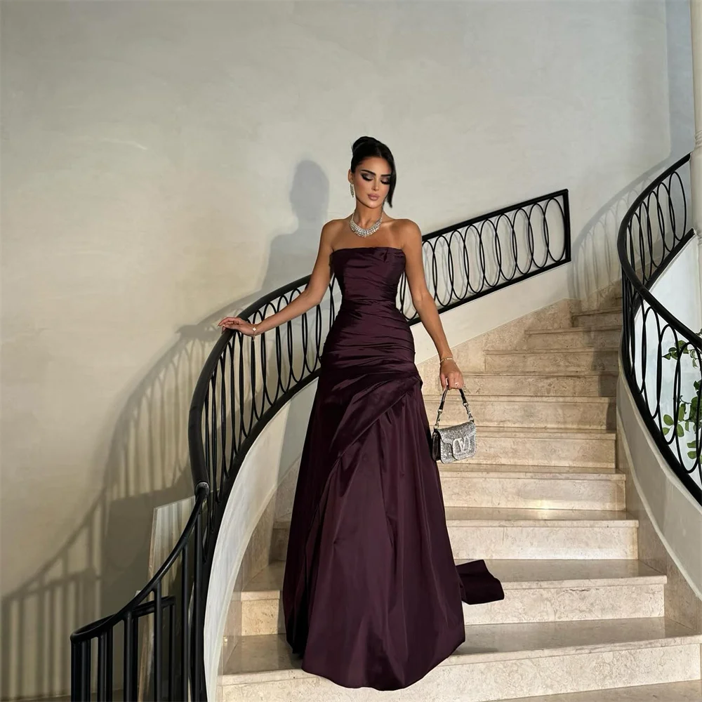 Contessa Custom Burgundy Strapless Prom Dresses Waist Cinching Multilayer Pleats Vestidos De Noche Floor Length Formal Evening