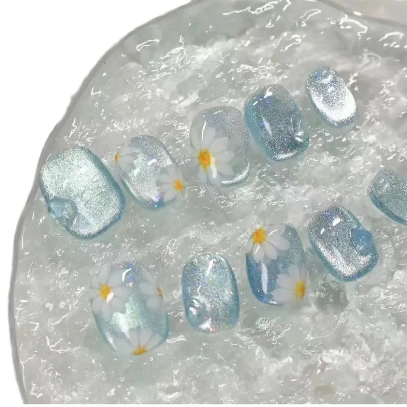 10 Pieces Summer Daisy Fresh Handmade Press On Nails Blue Cat Eye Shiny Fake Nails Removable Reusable