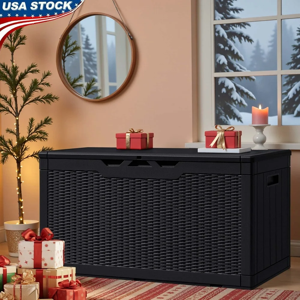 

100 Gallon Lockable Outdoor Storage Box Resin Weather Resistant Container Toys Tools Cushions Extra Seating Patio Table