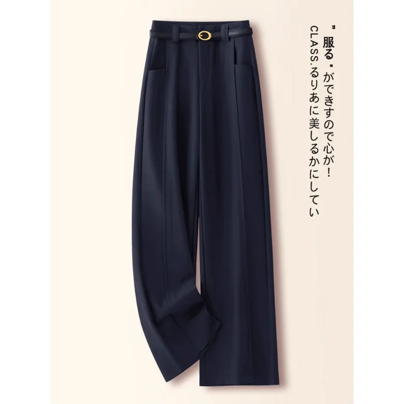 سراويل صوفية زرقاء داكنة للنساء والشتاء، مقاس نحيف أنيق، سراويل مستقيمة فضفاضة غير رسمية