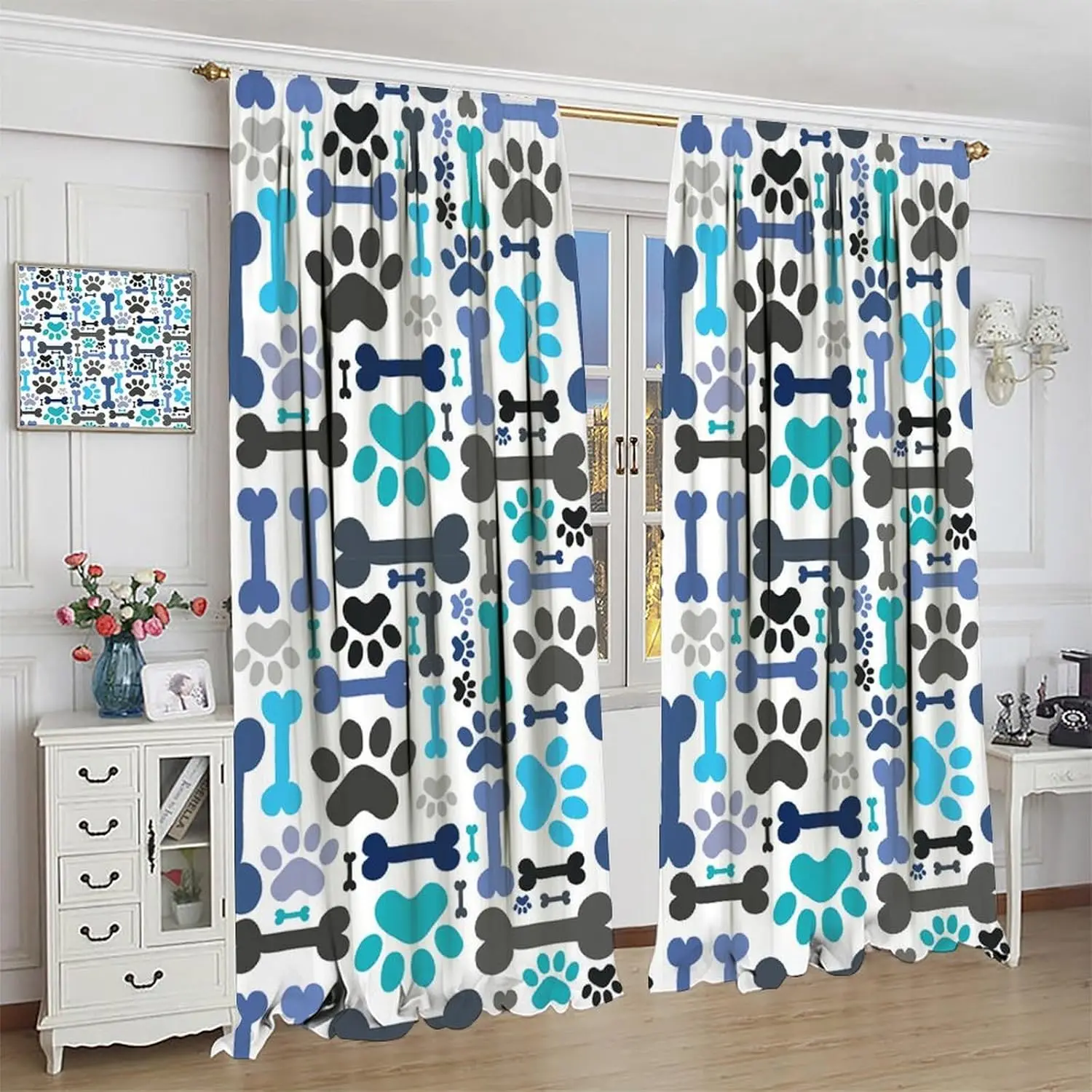2 Panel Dog Paw Print Window Curtains,Light Filtering, Noise Reducing, Polyester, Cartoon Dog Paw Print Bones, Unisex,Bedroom