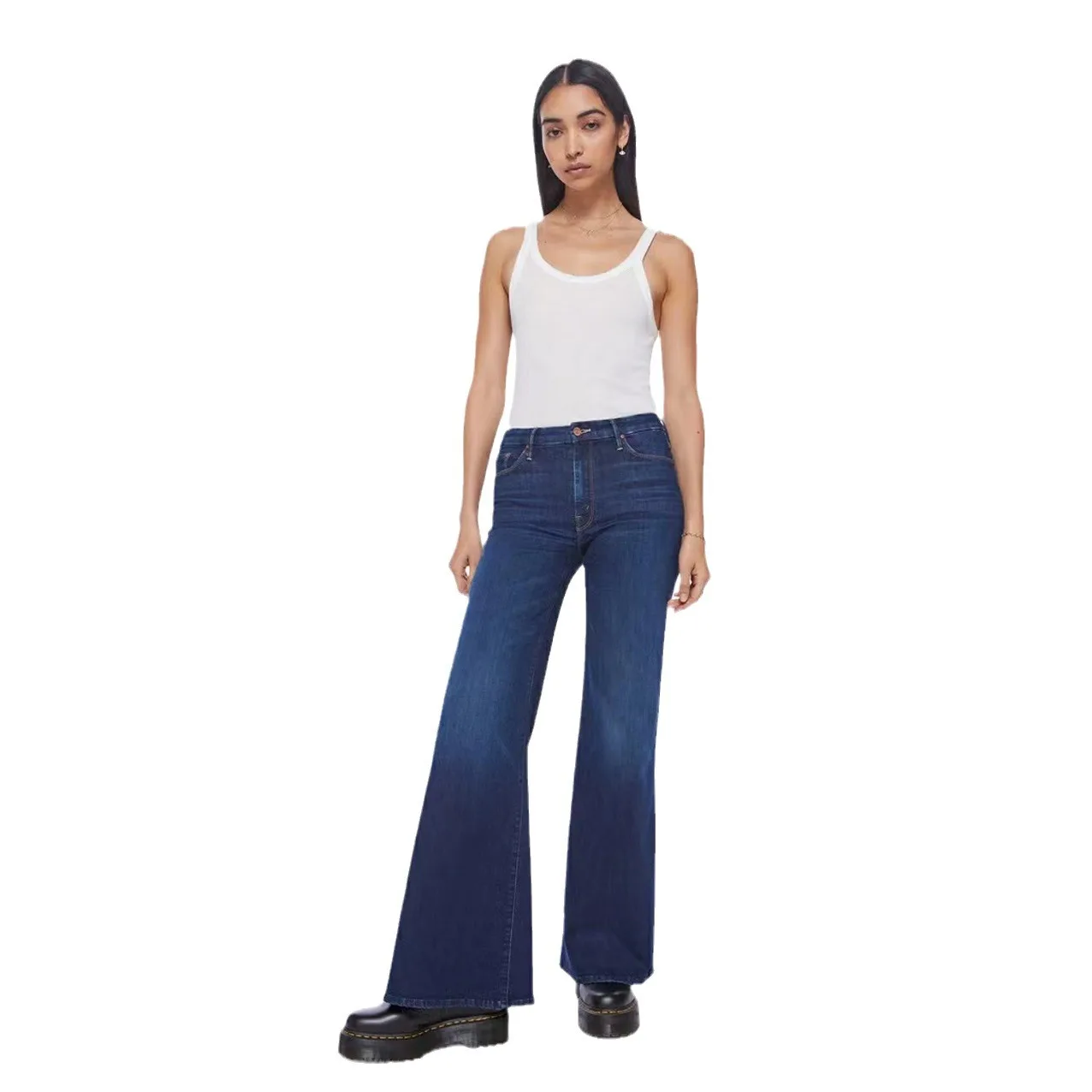 A 2024 early spring new SAVI deep blue mid high waisted denim flared pants for women MO207