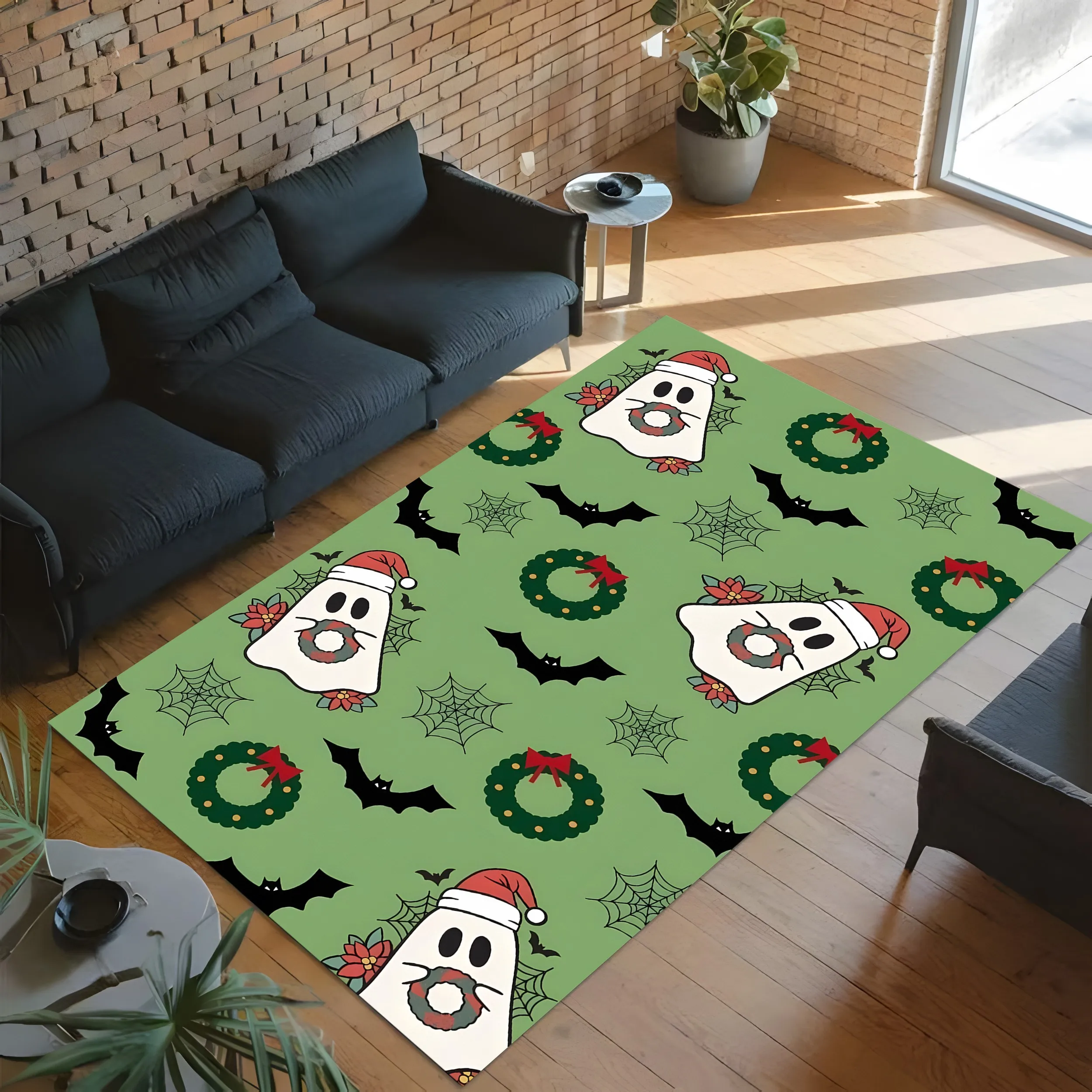 2D Large Area Rug with Santa Hat, Ghost, Bat, Spider Web, Wreath All-Over Print, Quirky and Cute Style, for Living Room And..