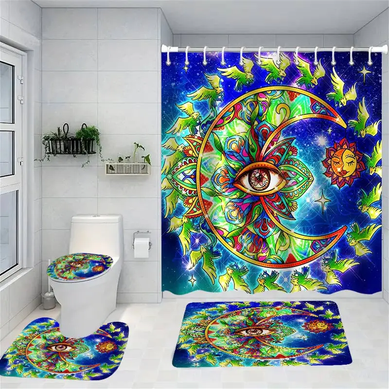 Psychedelic Shower Curtain Horrible Witch Bath Sets Waterproof Non-Slip Bathroom Rug Toilet U  With 12 Hooks Home Deco