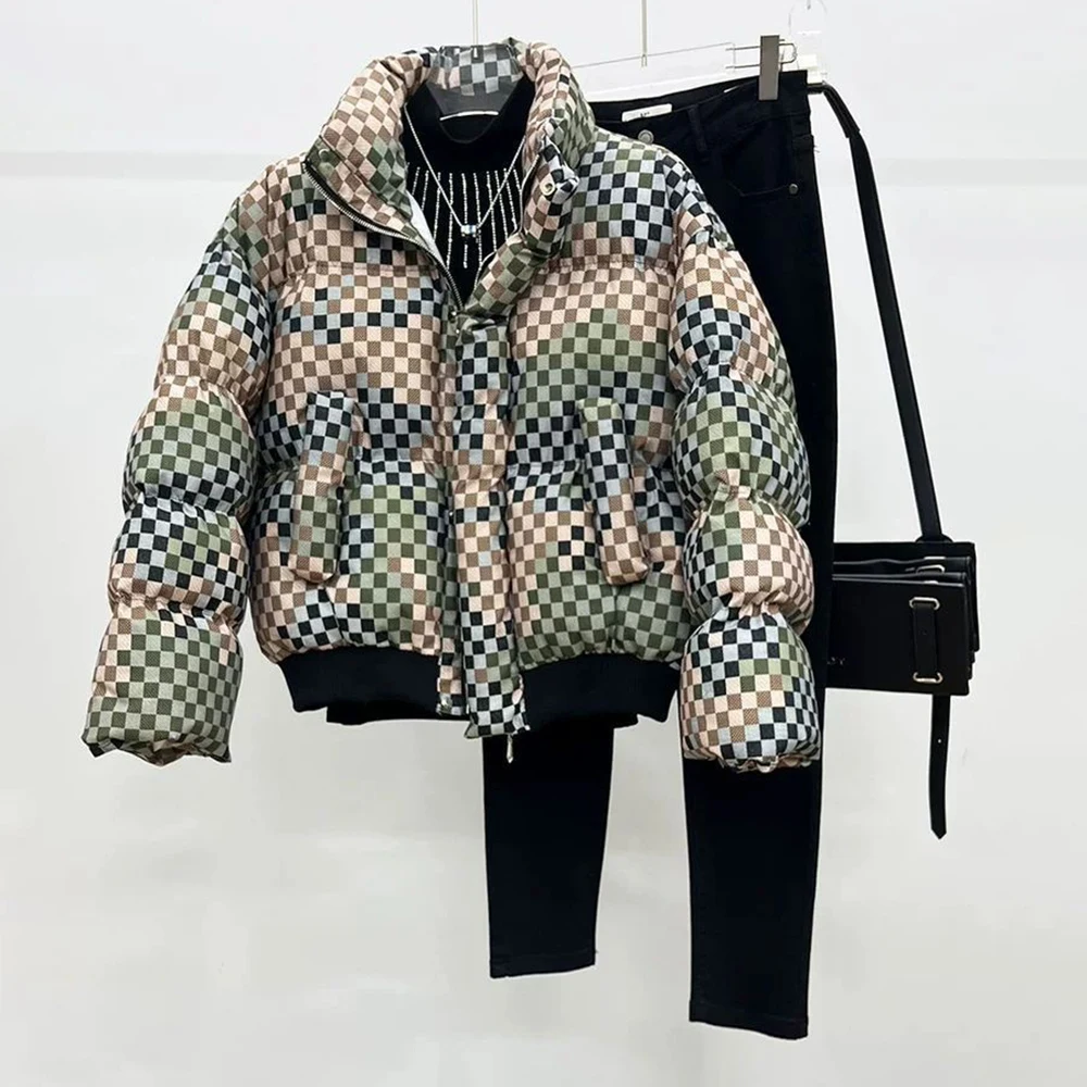 

Fashion Design Colorful Plaid Stand Collar Cotton Jacket Autumn Winter New Style Trend Personality Short Style Cotton Jacket Men