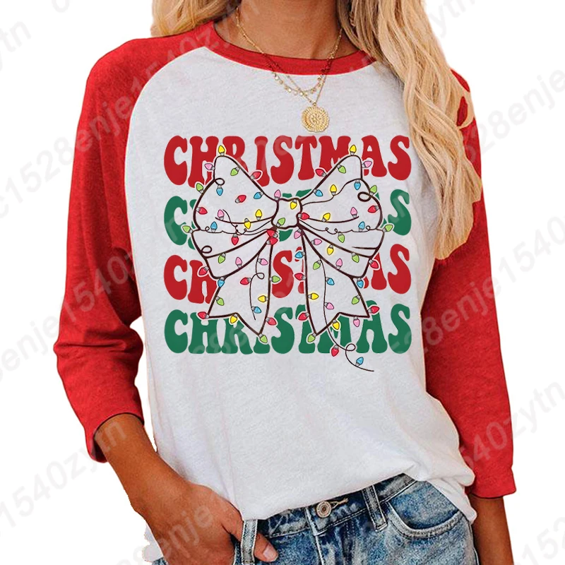 Christmas Light Bow Print Three Quarter Sleeve Shirt For Women Creative Crew Neck Seven Sleeves Shirt Fashion Ladies Summer Tops